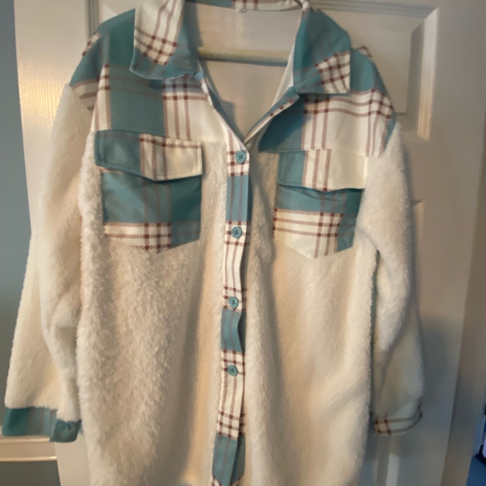 Ivory, teal plaid and fuzzy flannel button down shirt